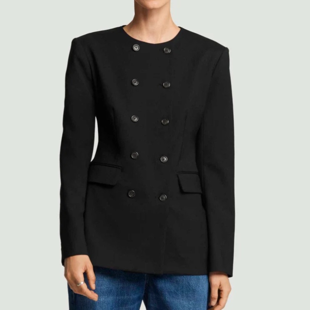 Argent Double Breasted Crewneck Blazer Black in Seasonless Wool